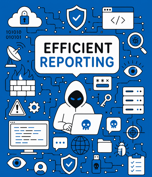 Illustration : un pentesteur au travail, entouré d'icônes de sécurité (pare-feu, chiffrement, détection de vulnérabilités) autour du message « Efficient reporting ».